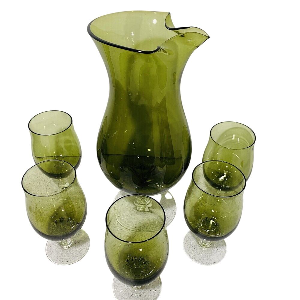 Vintage Sasaki Cocktail Set Green Art Glass Pitcher Decanter & 5 Wine Glasses